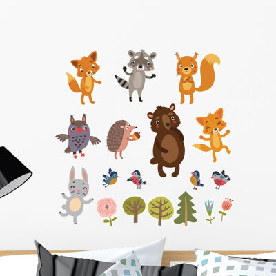 Cute Forest Animals Set Wall Decal Sticker Set shown on a wall