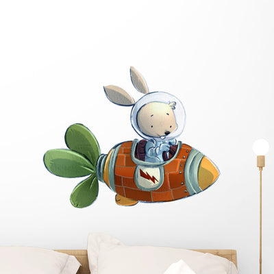 Space Rabbit Rocket-ship Wall Decal shown on a wall