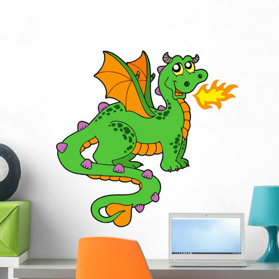 Cute Green Orange Dragon Wall Decal shown on a wall