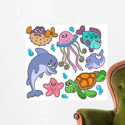 Sea Fishes and Animals Wall Mural shown on a wall