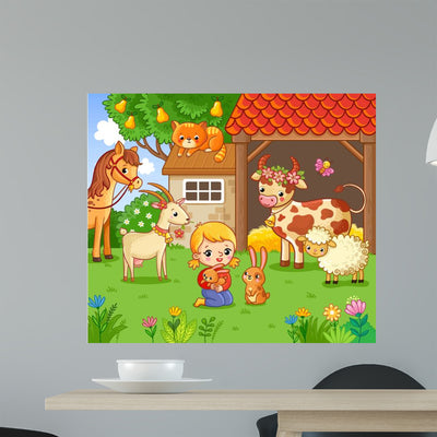 Girl Pities Rabbit Farm Wall Decal shown on a wall