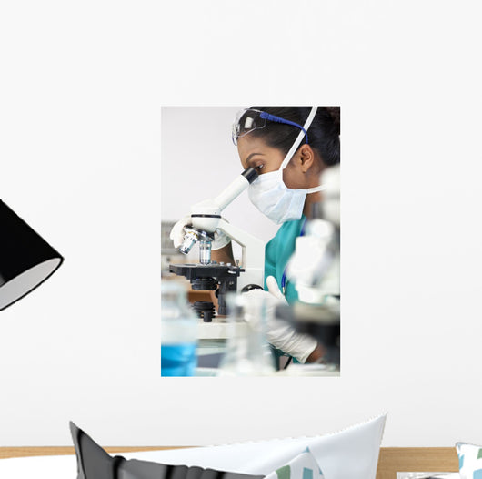 Asian Woman Doctor or Scientist Using a Microscope In Laboratory Wall Mural