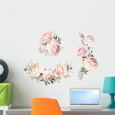 Pastel Pink Watercolor Roses Wall Decal Sticker Set shown on a wall
