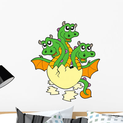 Little Three Headed Dragon Wall Decal shown on a wall