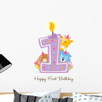 Baby's Happy First Birthday Wall Decal shown on a wall