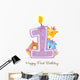 Baby's Decals - Happy First Birthday Candle and Animals Isolated on white Wall Decal