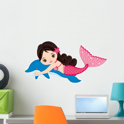 Little Mermaid with Dolphin Wall Decal shown on a wall
