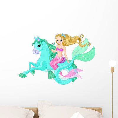 Beautiful Mermaid Riding Seahorse Wall Decal shown on a wall