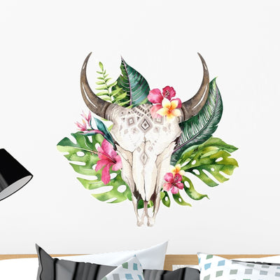 Tropical Bohemian Cow Skull Wall Decal shown on a wall