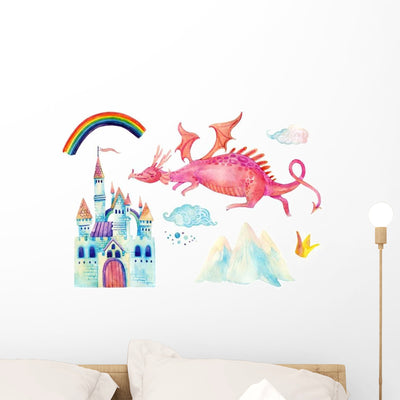 Watercolor Pink Fairy-tale Dragon Wall Decal Sticker Set shown on a wall