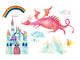 Watercolor Pink Fairy-tale Dragon Wall Decal Sticker Set