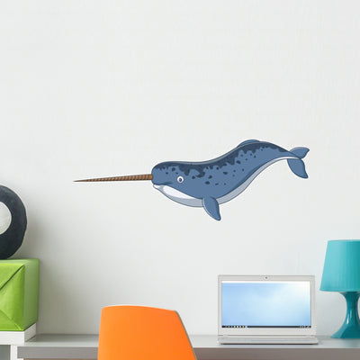 Cartoon Narwhal Wall Decal shown on a wall