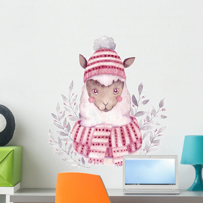 Cozy Winter Watercolor Alpaca Wall Decal shown on a wall