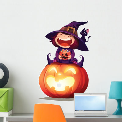 Adorable Little Witch Halloween Wall Decal shown on a wall