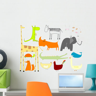 Cartoon Hand Drawn Animals Wall Stickers shown on a wall