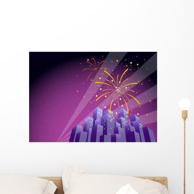 Fireworks over City Skyline-horizontal Wall Decal shown on a wall