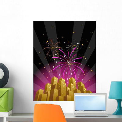 Fireworks over City Skyline Wall Decal Design 1 shown on a wall