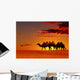 Desert landscape with walking camels at sunset Wall Mural