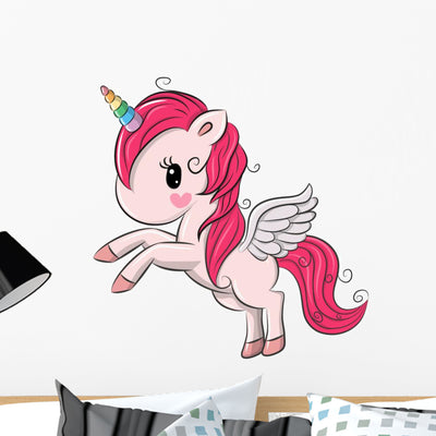 Cute Pink Cartoon Unicorn Wall Decal shown on a wall