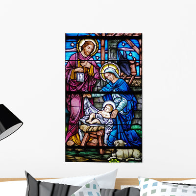 Stained Glass Widow Nativity Wall Mural shown on a wall