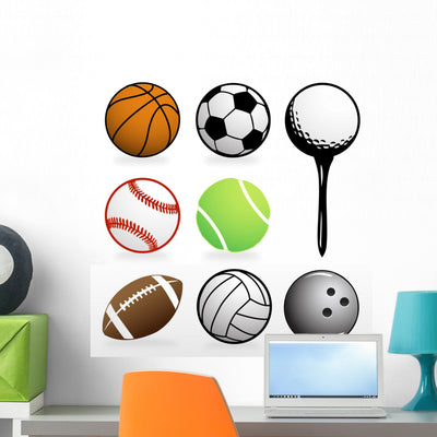 Footballbaseballbasketballtennisbowlinggolfand Soccer Wall Decal Sticker Set shown on a wall