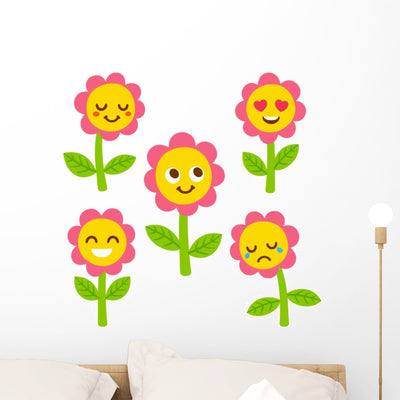 Kids Cute Cartoon Flower Wall Decal Sticker Set shown on a wall