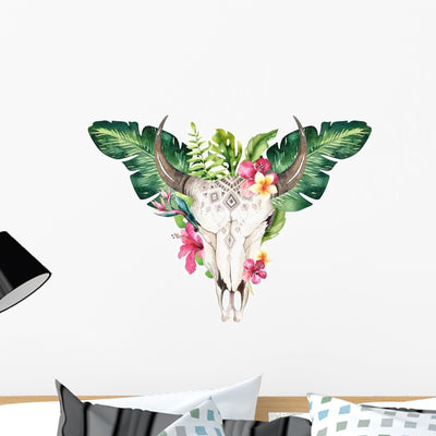 Tropical Boho Floral Skull Wall Decal shown on a wall