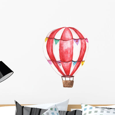 Watercolor Red & White Hot Air Balloon Wall Decal shown on a wall