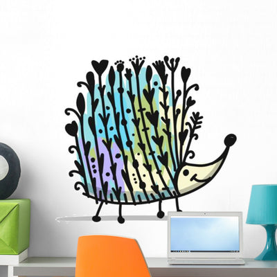 Floral Hedgehog Wall Decal shown on a wall