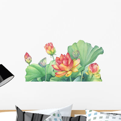 Leafy Pink Lotus Flower Wall Decal shown on a wall