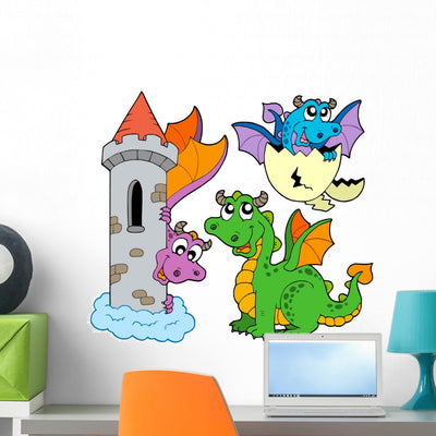 Three Cute Dragons Wall Stickers shown on a wall