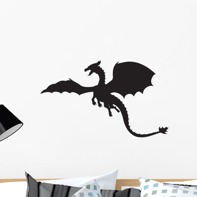 Fantastic Silhouette Black Dragon Wall Decal shown on a wall