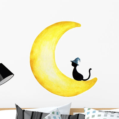 Sleepy Black Cat Moon Wall Decal shown on a wall