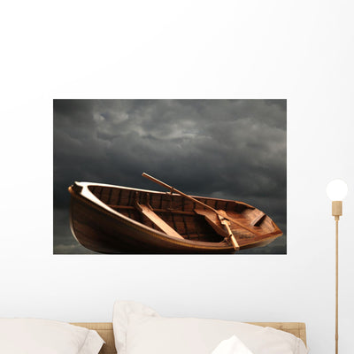 Wooden Rowboat Wall Mural shown on a wall