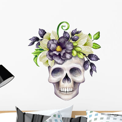 Black Magnolia Skull Flowers Wall Decal shown on a wall