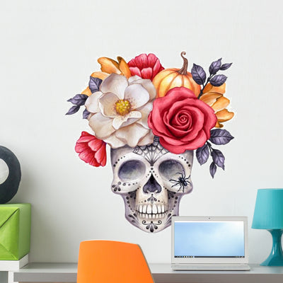 Halloween Floral Skull Wall Decal shown on a wall
