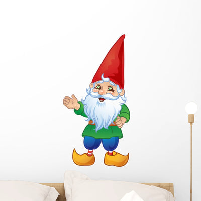 Cute Cartoon Garden Gnome Wall Decal shown on a wall