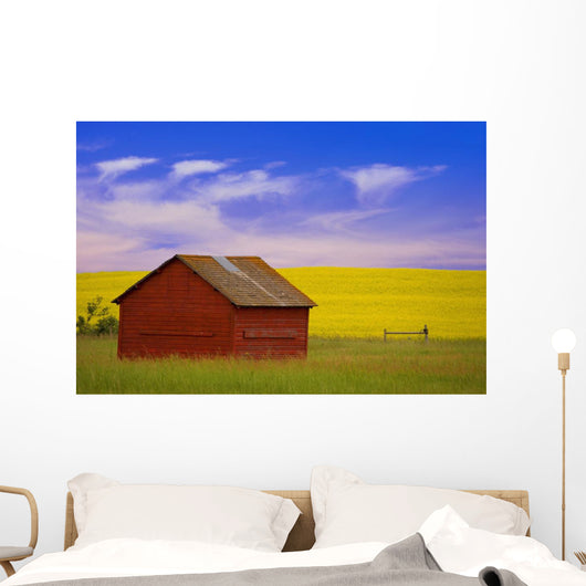 A Red Farm Building Against A Canola Field Wall Mural