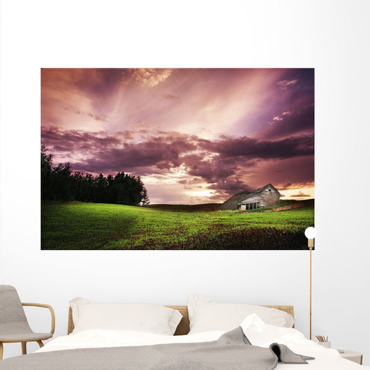 A Lonely Farm Building In An Open Field Wall Mural