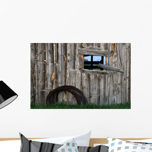 Roll Of Barbed Wire On Weathered Barn Wall Mural