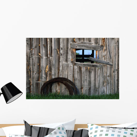 Roll Of Barbed Wire On Weathered Barn Wall Mural