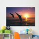 Silhouette Of Two Bottlenose Dolphins Diving, Sunset, Caribbean Sea Wall Mural
