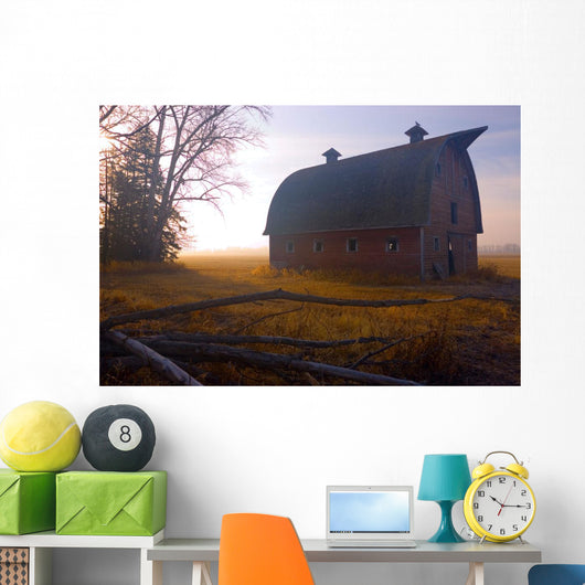 A Barn Sits In Morning Mist Wall Mural