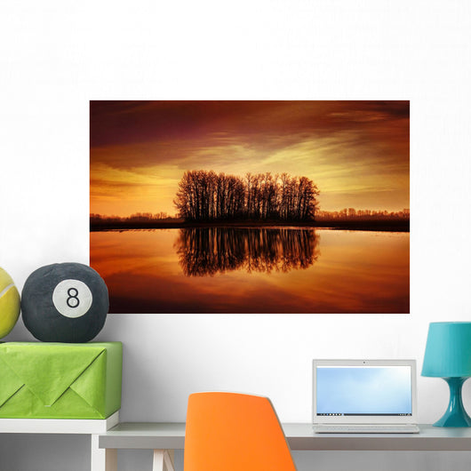 Silhouetted Trees Reflected On Water Wall Mural