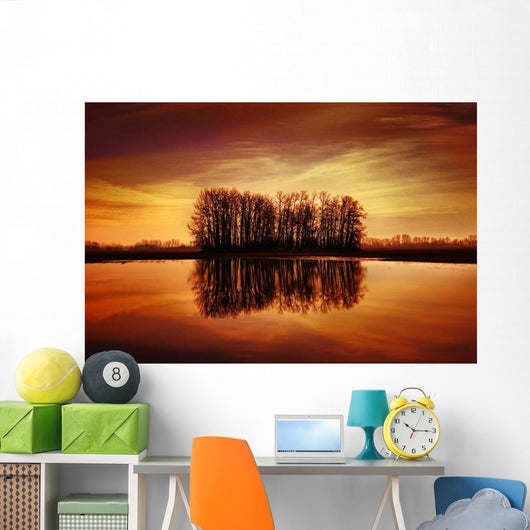 Silhouetted Trees Reflected On Water Wall Mural