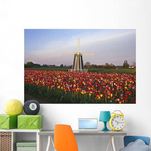 Tulip Field And Windmill Wall Mural