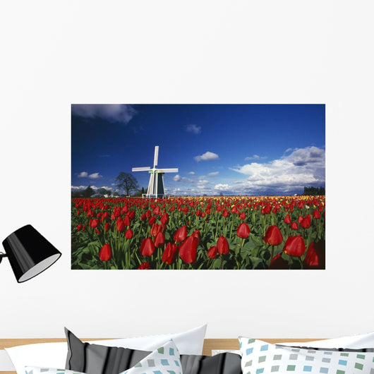 Tulip Field And Windmill Wall Mural