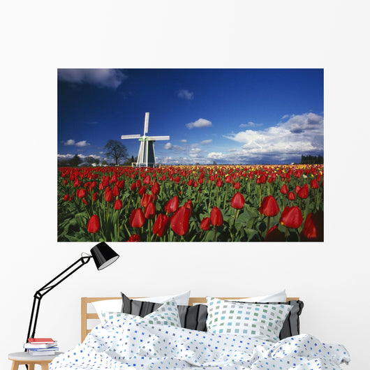 Tulip Field And Windmill Wall Mural