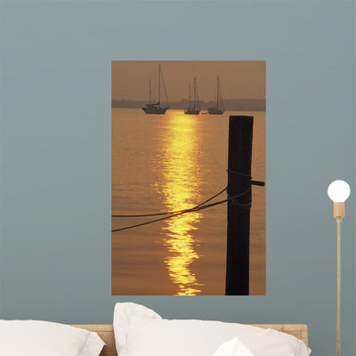 Sailboats Sunset Wall Mural shown on a wall