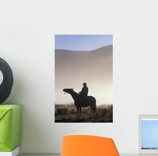 Silhouetted Cowboy On Horseback In Fog Wall Mural
